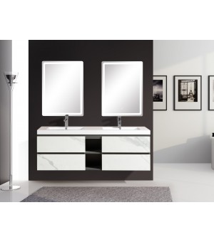 طقم مغسلة مع رخام وحوضين بورسلين تحت الرخام مع مرايا  LED صيني 150 سم # AQ-8049