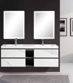 طقم مغسلة مع رخام وحوضين بورسلين تحت الرخام مع مرايا  LED صيني 150 سم # AQ-8049