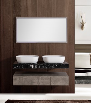 طقم مغسلة مع ر خام وحوضين بورسلين فوق الرخام  مع مرايا  LED صيني 120 سم # AQ-8007