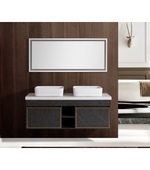 طقم مغسلة مع رخام وحوضين بورسلان فوق الرخام مع مرايا  LED - صيني 140سم # AQ-8013