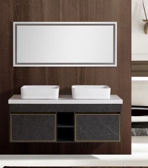 طقم مغسلة مع رخام وحوضين بورسلان فوق الرخام مع مرايا  LED - صيني 140سم # AQ-8013