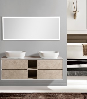 طقم مغسلة مع رخام وحوضين بورسلين فوق الرخام مع مرايا  LED صيني  150 سم # AQ-8045